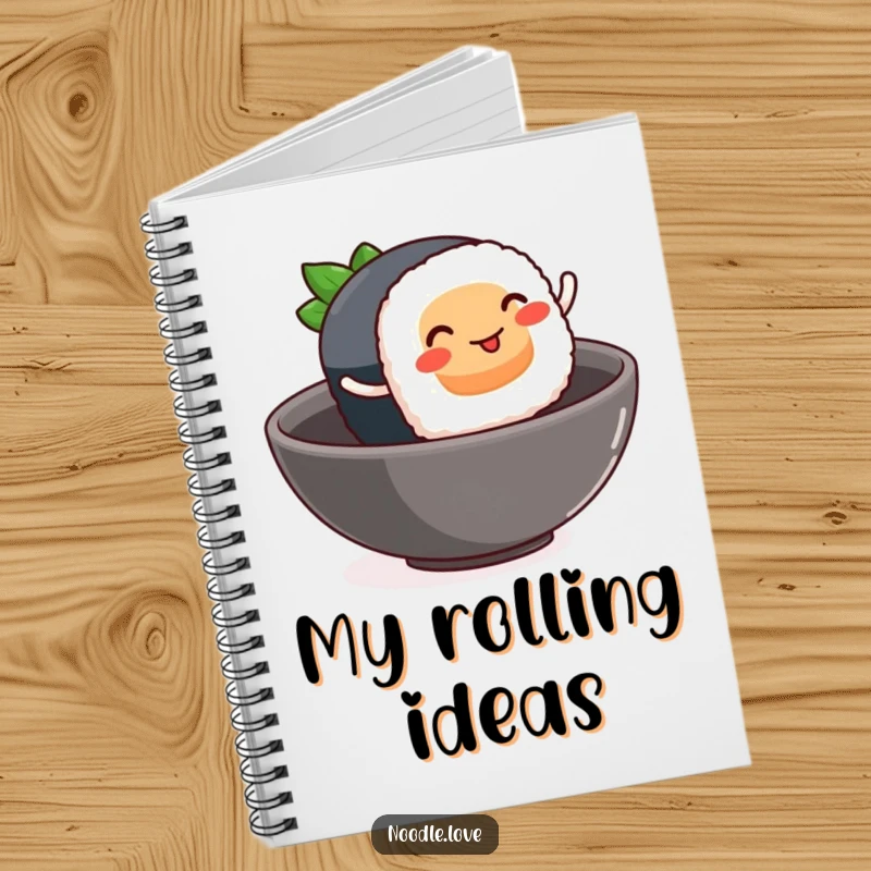 Funny sushi notebook, a smiling sushi piece with tiny rolling legs leaping into a bowl, food inspiration.