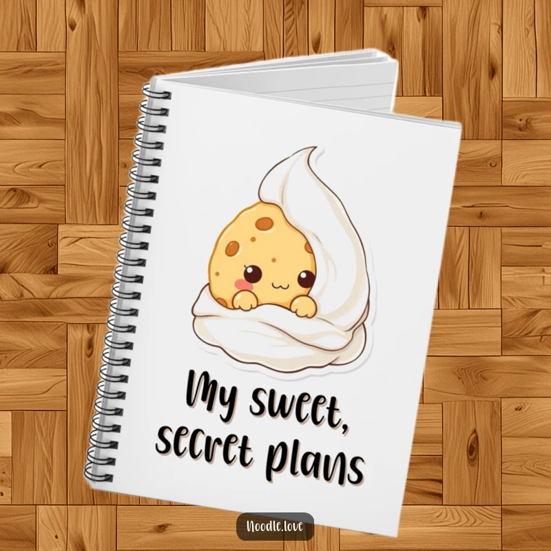Funny Kawaii cookie character hiding behind cream, illustrated in a notebook, perfect for capturing sweet thoughts and ideas.