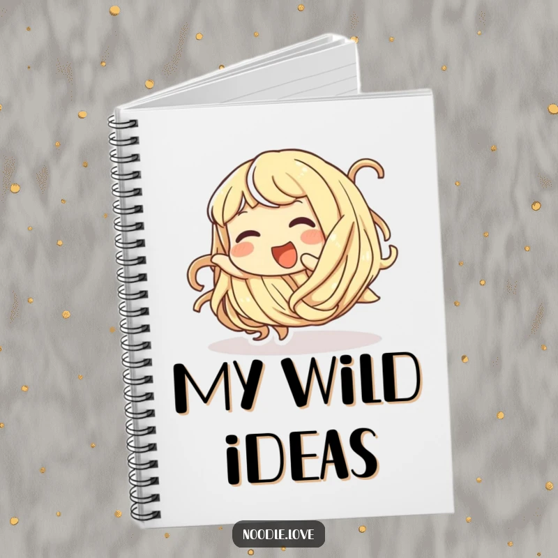 Funny notebook featuring a giggling noodle character playfully tumbling, ideal for writing.