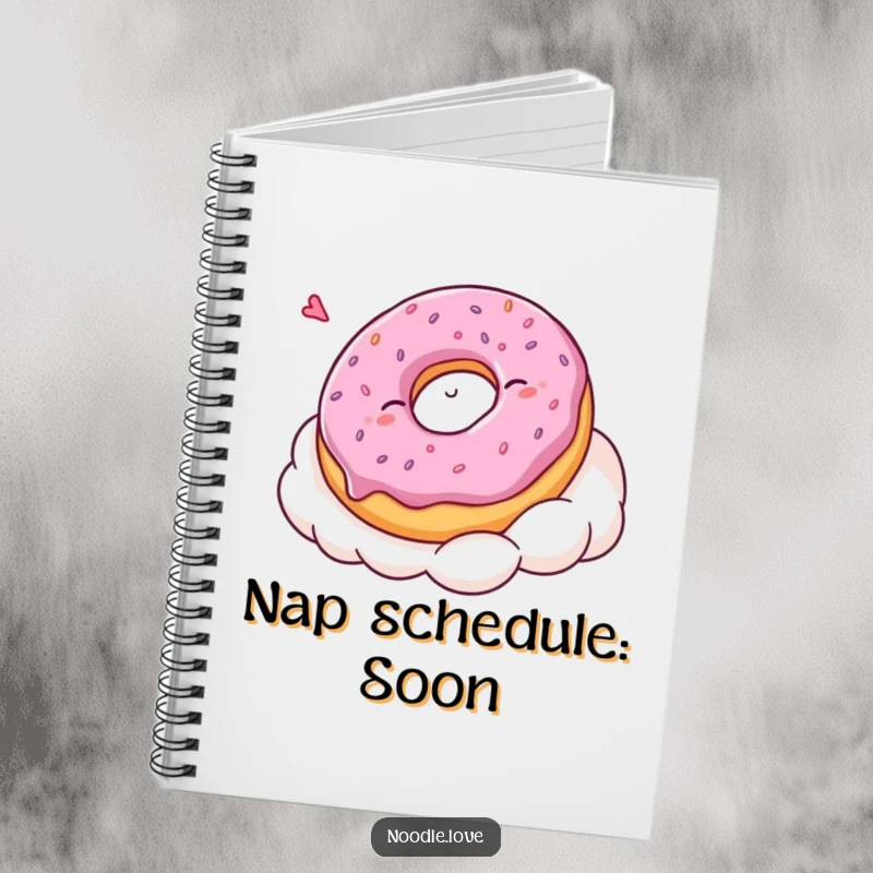 Funny Kawaii donut character sleeping soundly on a cloud, gracing the cover of a humorous and charming notebook for writing.