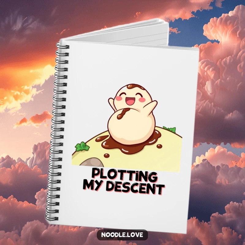 Funny dumpling notebook with a delighted character rolling down a hill, covered in soy sauce, for jotting notes with humor.
