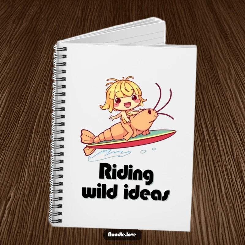 Funny notebook showcasing a giggling noodle character riding a giant shrimp like a surfboard, perfect for notes and adventurous thoughts.