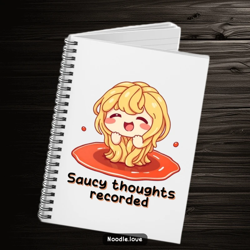 Funny notebook cover showing a happy noodle character giggling while splashing energetically in a gooey puddle of sauce.