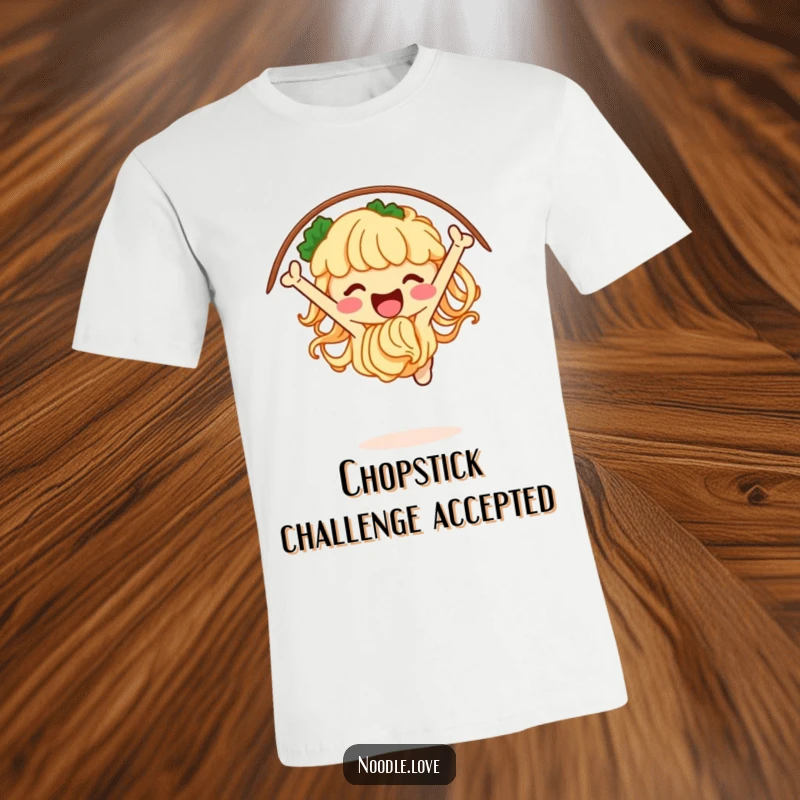 Funny noodle t-shirt depicting a jubilant character jumping through a hoop of chopsticks, highlighting playful food-themed stunts.