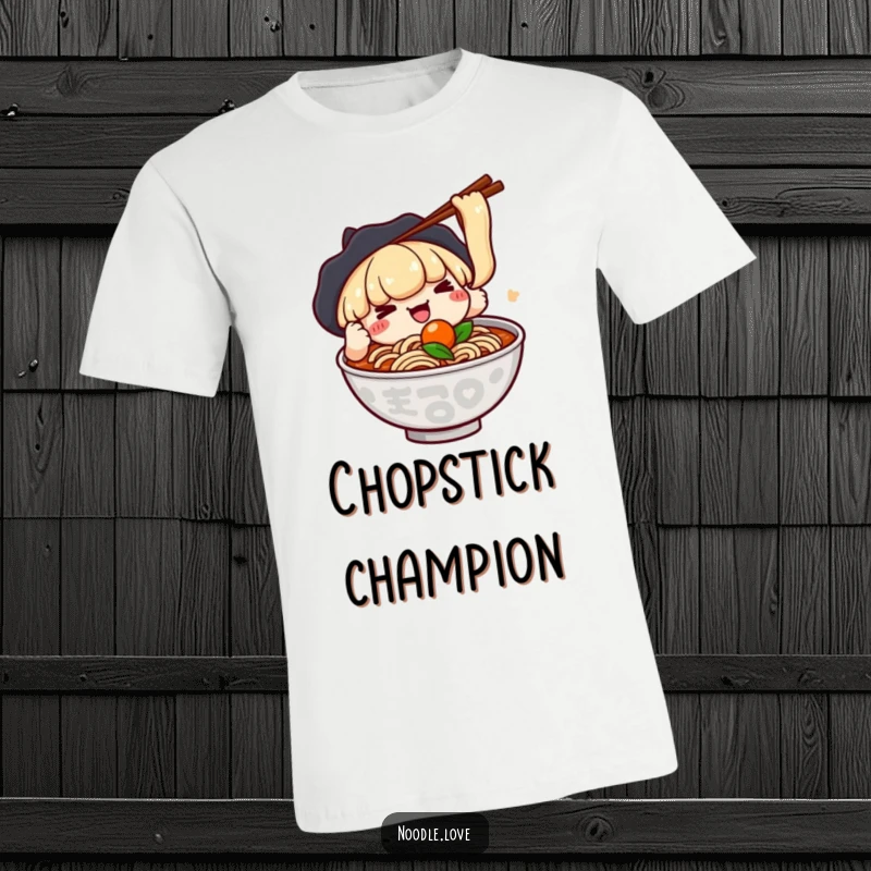 Funny t-shirt with a kawaii ramen character comically using chopsticks to attempt to catch a floating ingredient, full of playful intent.