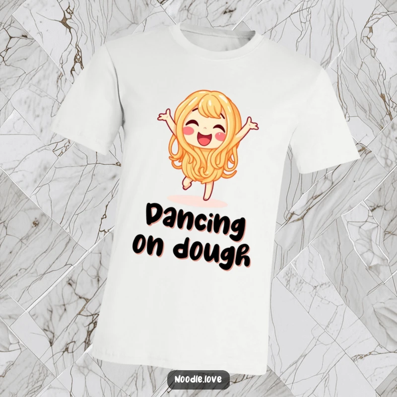 Funny t-shirt showcasing a happy noodle character joyfully performing a little dance, ideal for casual wear.