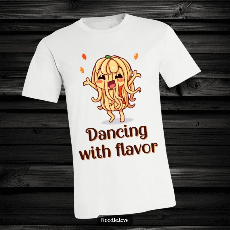 Funny Noodle T-Shirt: A noodle character dancing playfully with artistic sauce, showcasing food joy and humor, a great funny gift.