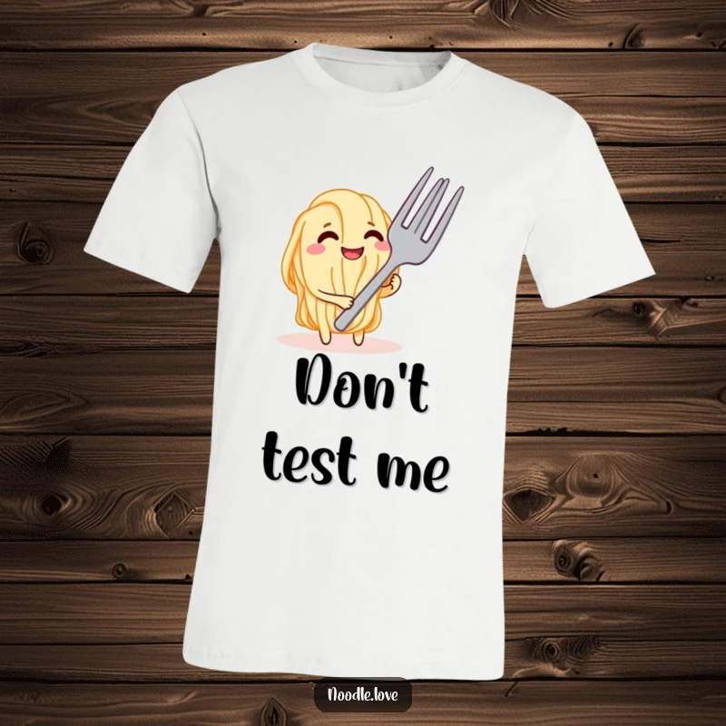 Funny Noodle Tease T-Shirt, featuring a grinning noodle character cheekily confronting a giant fork, embodying playful food challenges.