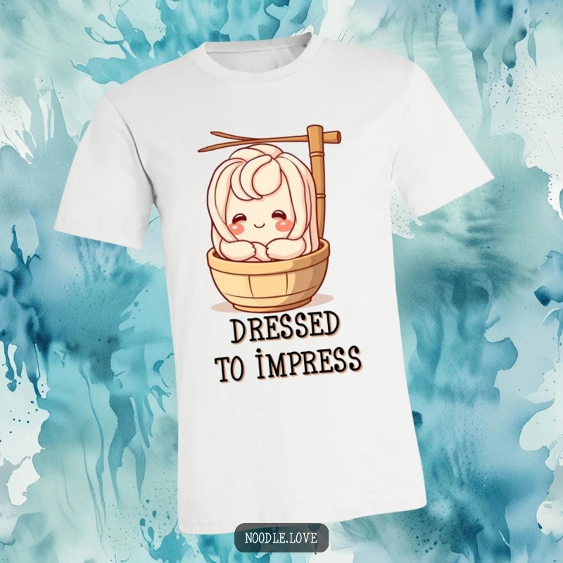 Funny udon noodle character smiling and embracing a bamboo steamer, a humorous and adorable t-shirt design for food enthusiasts.