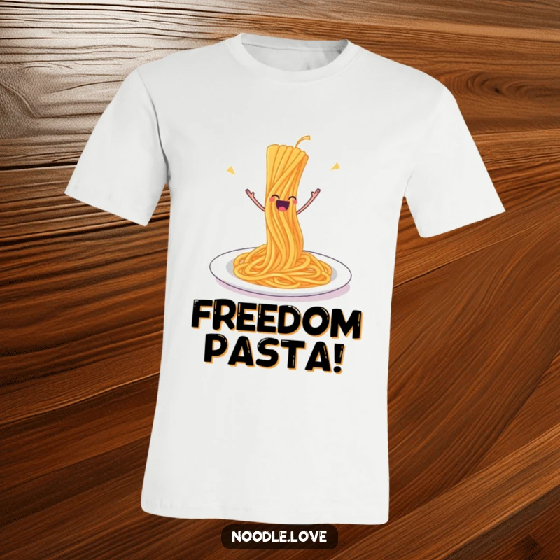 Funny Spaghetti T-Shirt: A single strand of spaghetti joyfully leaping off its plate, celebrating freedom and flavor.