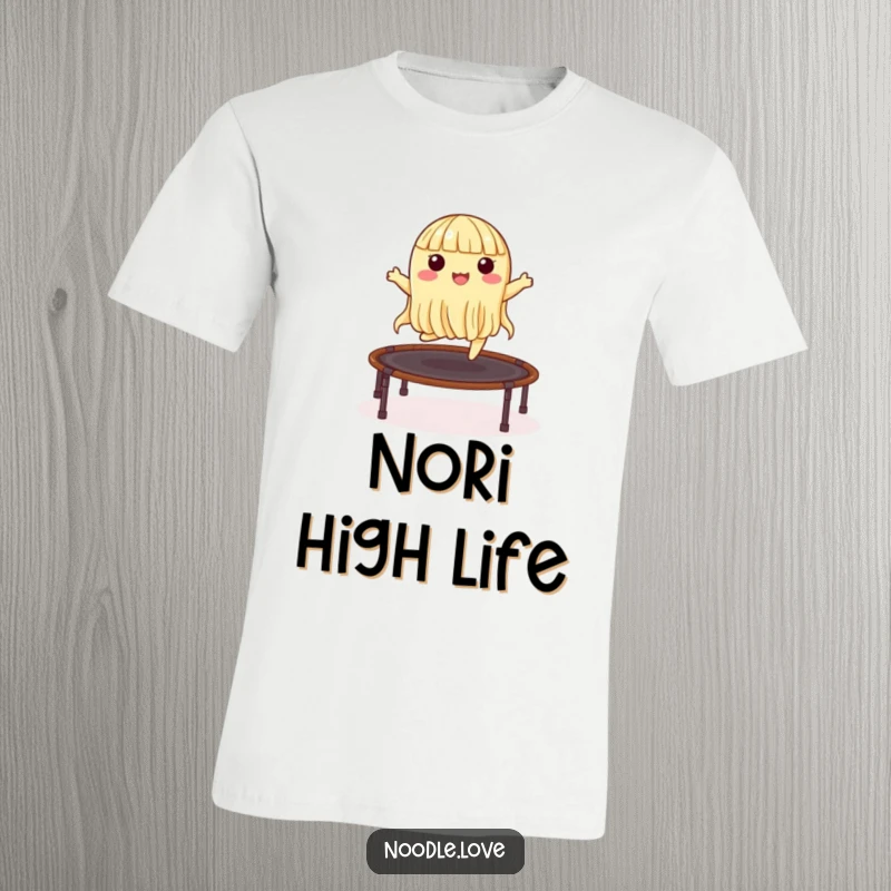 Funny t-shirt depicting a happy noodle character mid-air, bouncing high on a trampoline constructed from nori seaweed.