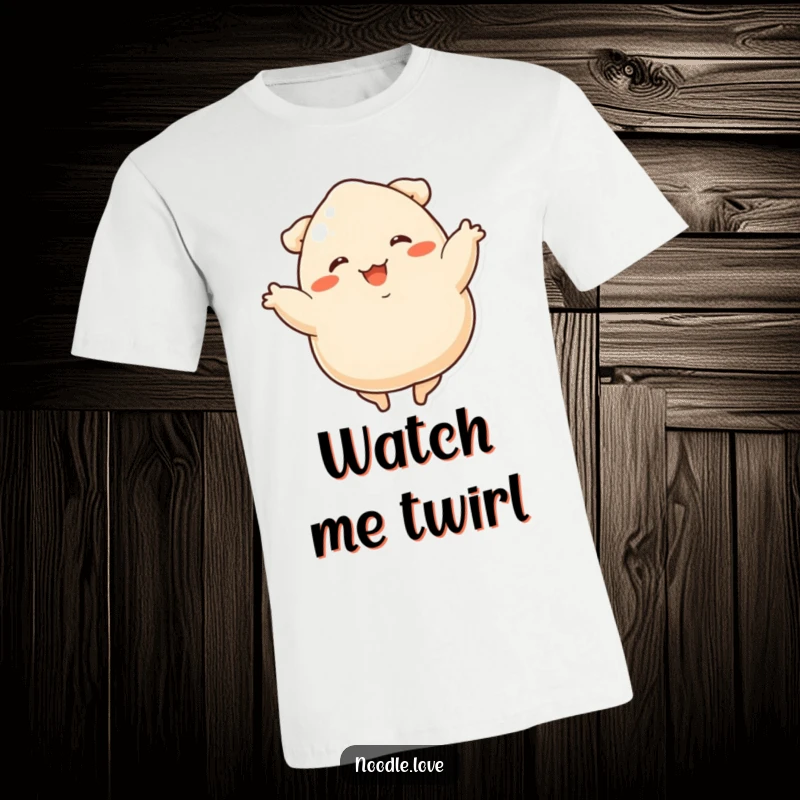 Funny dumpling dancer t-shirt showing a delighted dumpling with short legs spinning with pure joy while dancing.