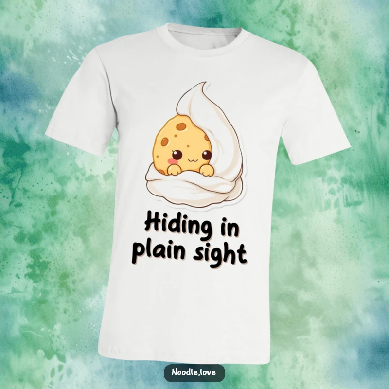 Funny Kawaii cookie character hiding behind cream, depicted on a t-shirt, symbolizing sweet mischief and hidden treats.