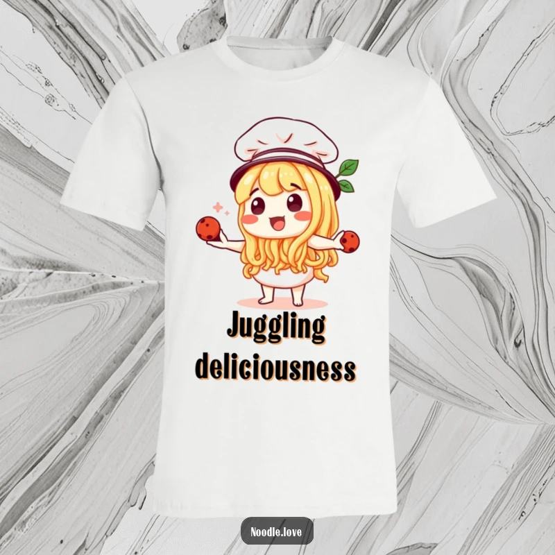 Funny Noodle Character Chef Juggling Meatballs T-Shirt - Playful pasta chef design, humorous culinary apparel, funny gift.
