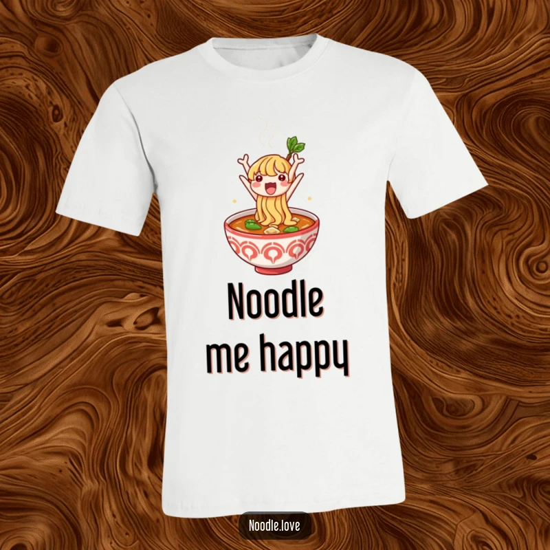 Funny t-shirt showcasing a cute noodle character jumping ecstatically from a hot, steaming bowl of broth, full of life and laughter.