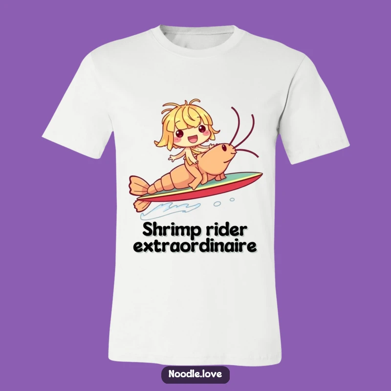 Funny Noodle Shrimp Surf Tee: Giggling Rider Character Shirt