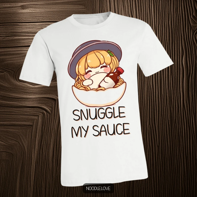Funny noodle t-shirt depicting a content character snuggling a small soy sauce bottle as a pillow, highlighting relaxation and foodie humor.