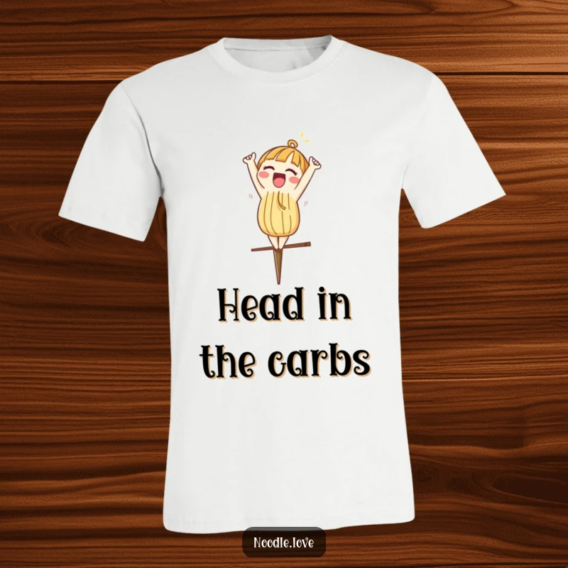 Funny t-shirt showcasing a noodle character excitedly doing a headstand on a chopstick, ideal for casual wear.