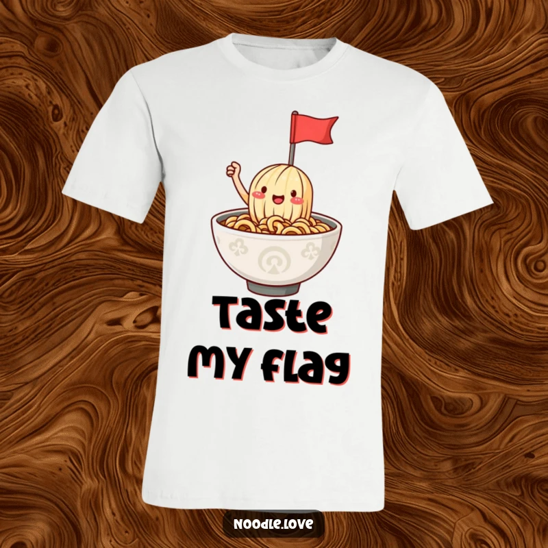 Funny ramen noodle t-shirt with a happy character joyfully waving a small flag from a steaming bowl of noodles, celebrating food humor.