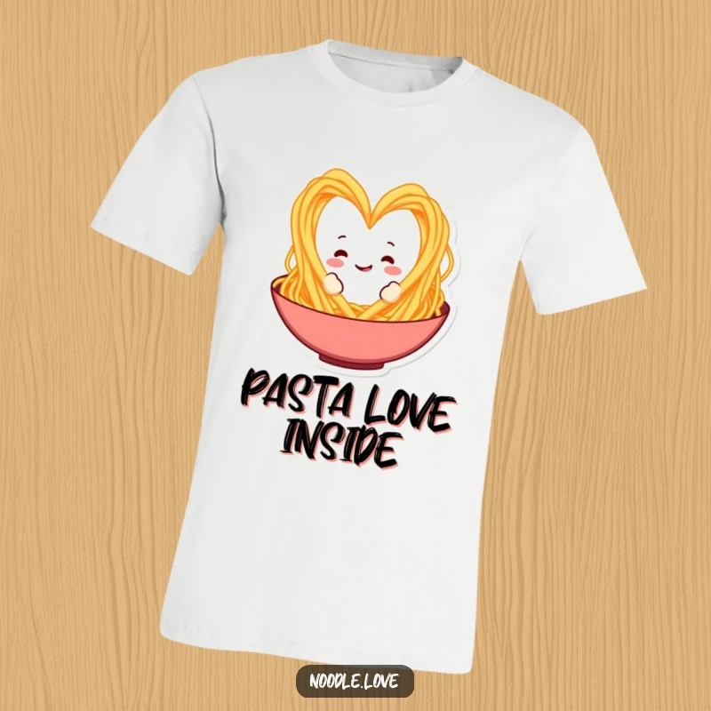 Funny Spaghetti Heart T-Shirt: A playful spaghetti character making a heart shape in a bowl, perfect for expressing love for Italian food gifts.