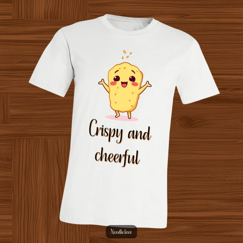 Funny t-shirt featuring a cheerful tempura character doing a happy dance, sprinkled with sesame seeds, radiating pure joy and energy.