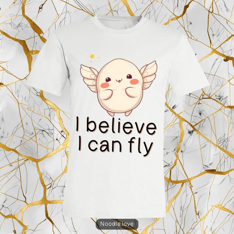 Funny winged dumpling t-shirt showing a whimsical character sprouting tiny wings and attempting to fly, a humorous take on ambition.