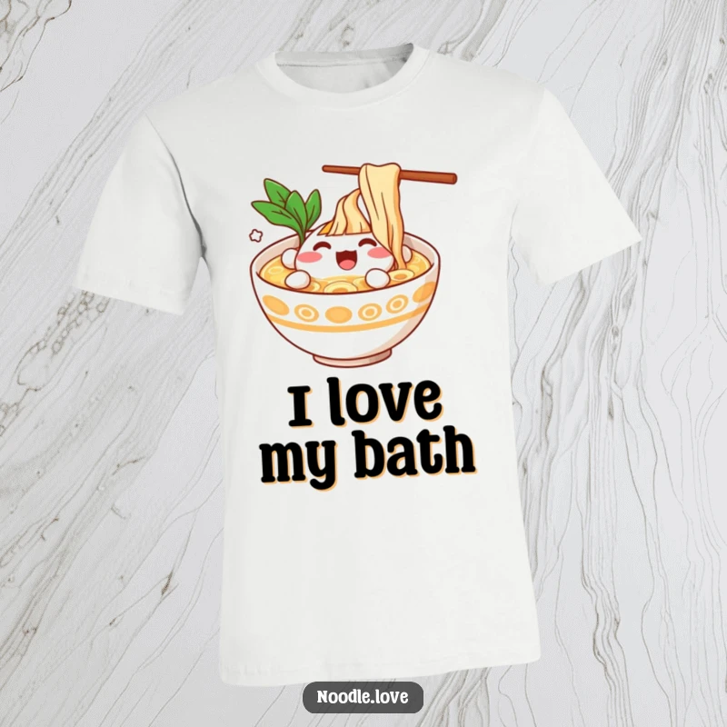 Funny Ramen Bowl Character Splashing Happily in Broth T-Shirt - Joyful food character having fun, humorous apparel, funny gift.