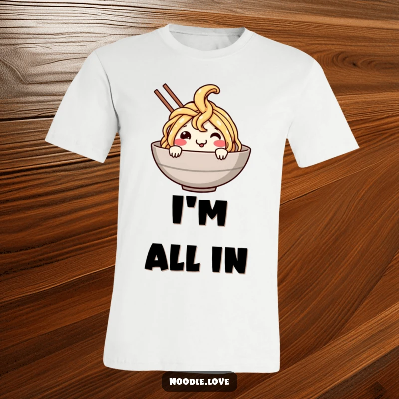 Funny Noodle Dive T-Shirt: A smiling noodle character happily dives into a bowl, capturing pure joy and a love for food humor.