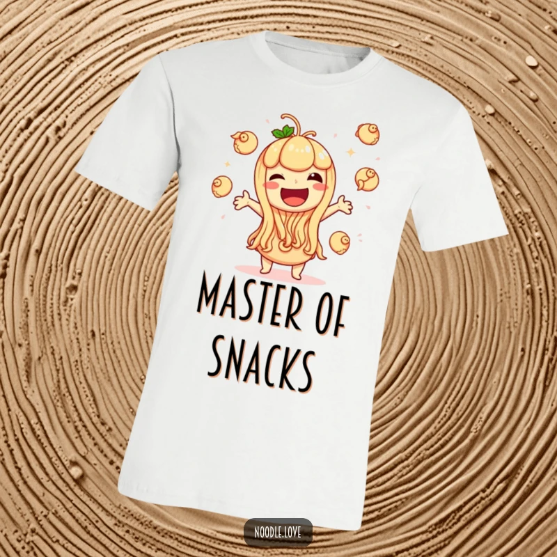 Funny t-shirt depicting a noodle character giggling uncontrollably while juggling tiny dumplings with incredible skill and pure exuberance.