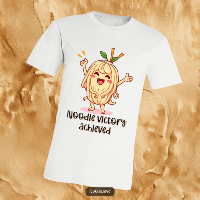 Funny Kawaii noodle character joyfully dancing to celebrate a win, depicted on a soft graphic t-shirt.