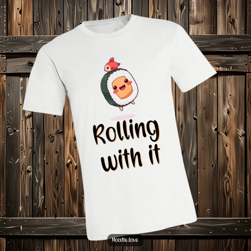 Funny Sushi T-Shirt: A happy sushi roll doing a backflip, with a tiny fish on top, showcasing agility and fun.