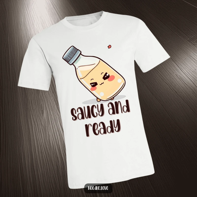 Funny Shoyu bottle t-shirt, smirking, tipping playfully, kawaii food character, excellent funny gift.