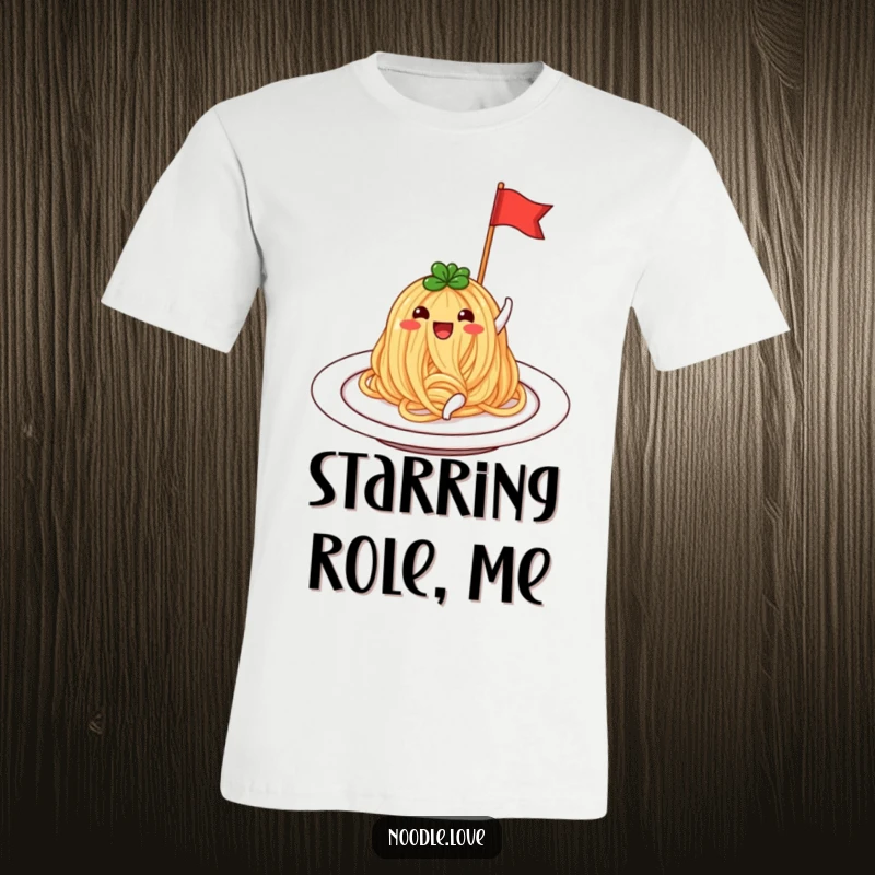 Funny Noodle T-Shirt: A smiling noodle on a plate, waving a small flag with immense joy and pride.