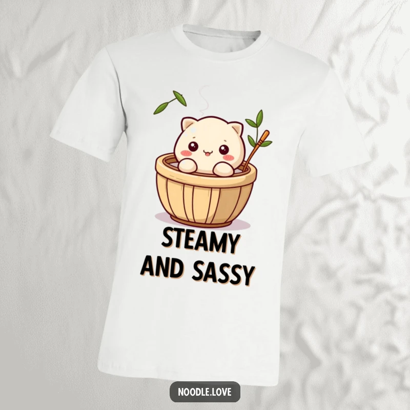 Funny t-shirt showcasing a cute dumpling character winking mysteriously from within a steaming bamboo basket, a fun foodie fashion statement.