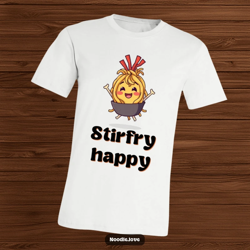 Funny T-Shirt: A happy fried noodle character bouncing energetically with pure delight, radiating food-fueled joy.