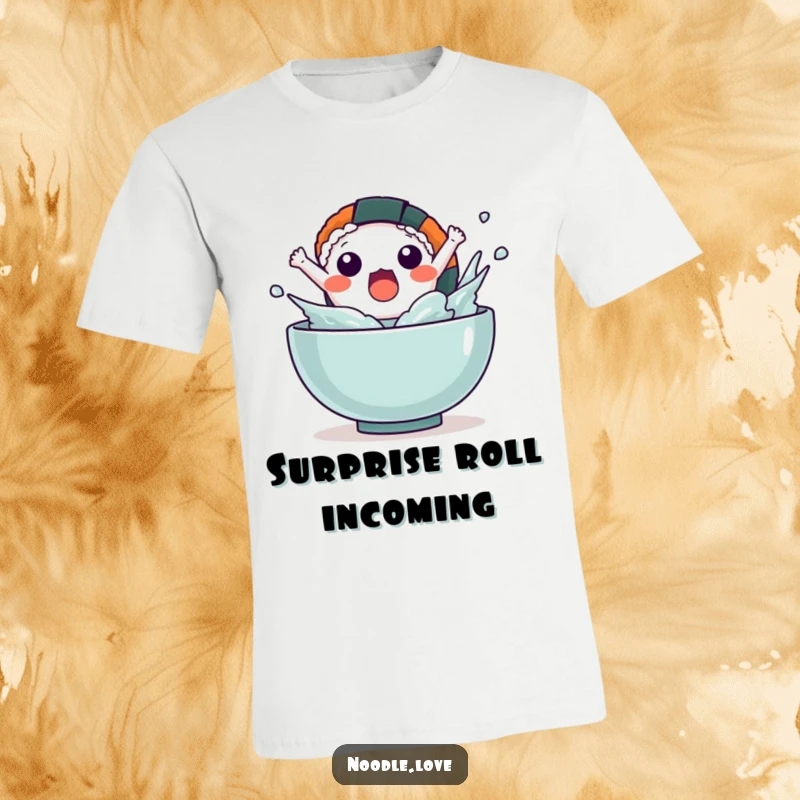 Funny Kawaii sushi character leaping out of a bowl with a dramatic splash, printed on a graphic t-shirt.