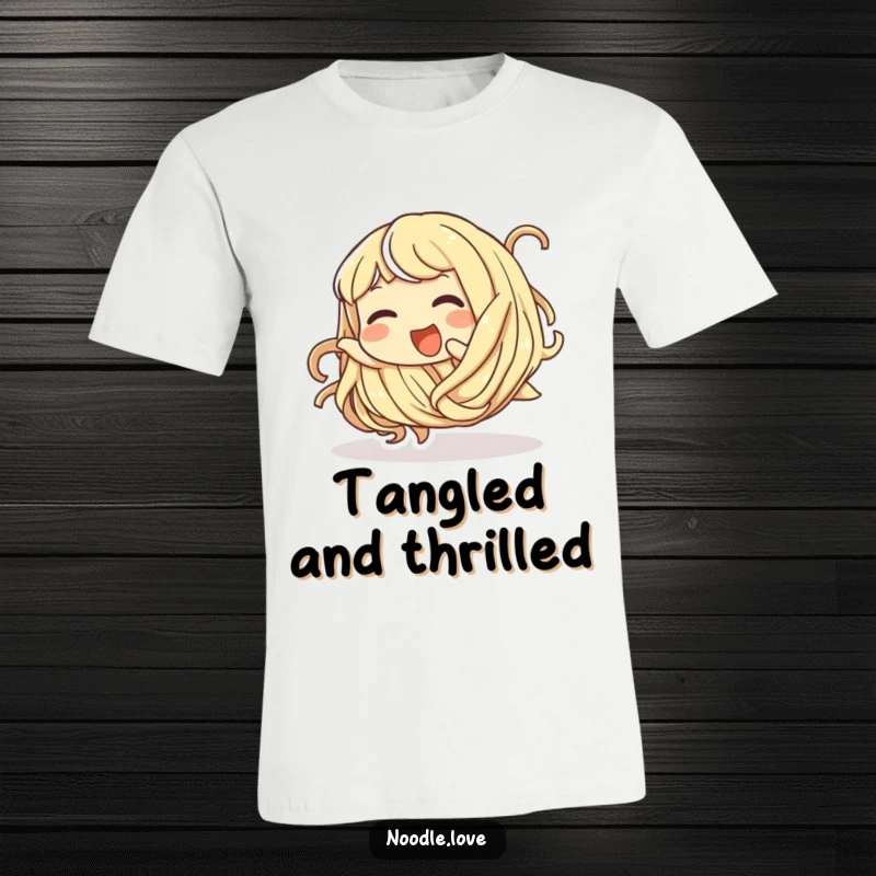 Funny t-shirt showcasing a giggling noodle character playfully tumbling head over heels, ideal for casual wear.