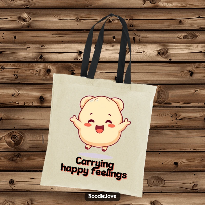Funny Dumpling Tote Bag: A dumpling character bouncing with excitement, perfect for carrying items with a joyful and funny flair.