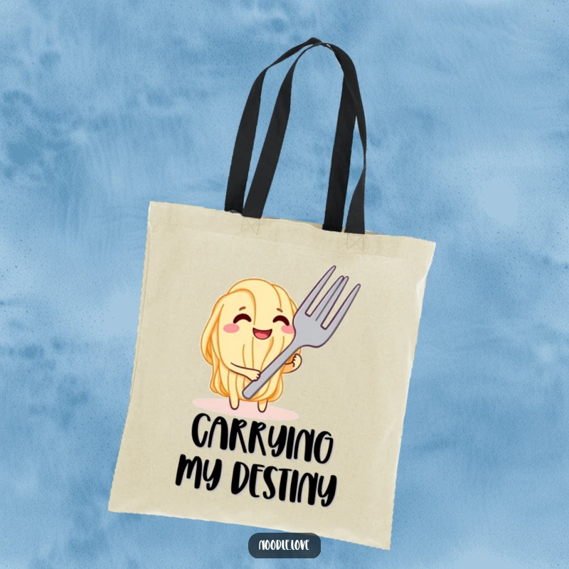Funny Noodle Tease Tote Bag, showing a grinning noodle character playfully confronting a giant fork, great for carrying groceries with flair.