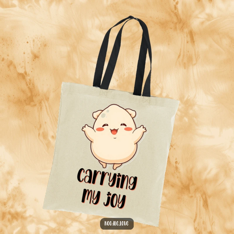 Funny dumpling dancer tote bag with a happy, stubby-legged dumpling spinning joyfully, ready for errands.