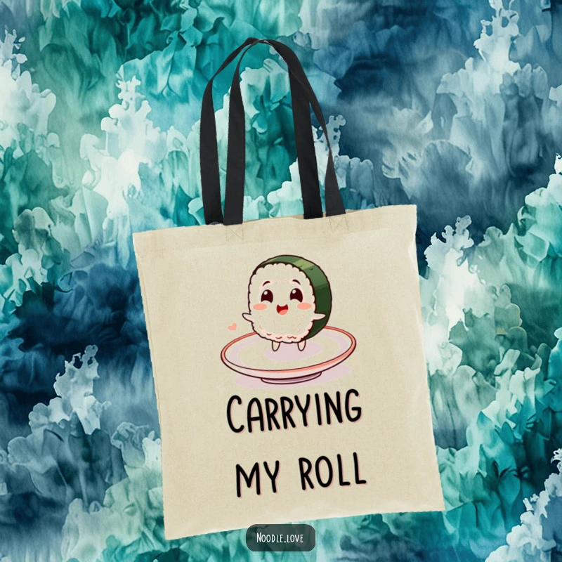 Funny tote bag featuring a smiling sushi character joyfully spinning on a plate, perfect for carrying essentials with humor.