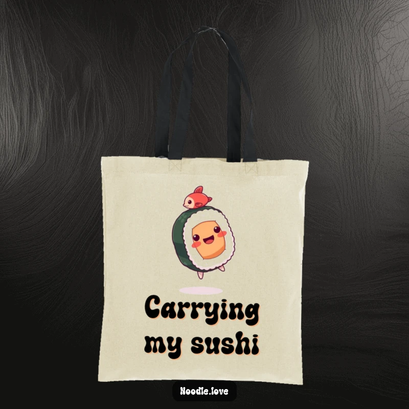 Funny Sushi Tote Bag: A happy sushi roll character doing a backflip with a tiny fish, ideal for sushi lovers.