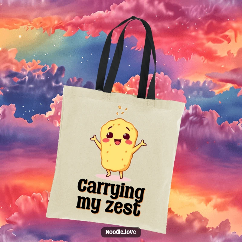 Funny tote bag featuring a cheerful tempura character doing a happy dance, sprinkled with sesame seeds, perfect for everyday use with humor.