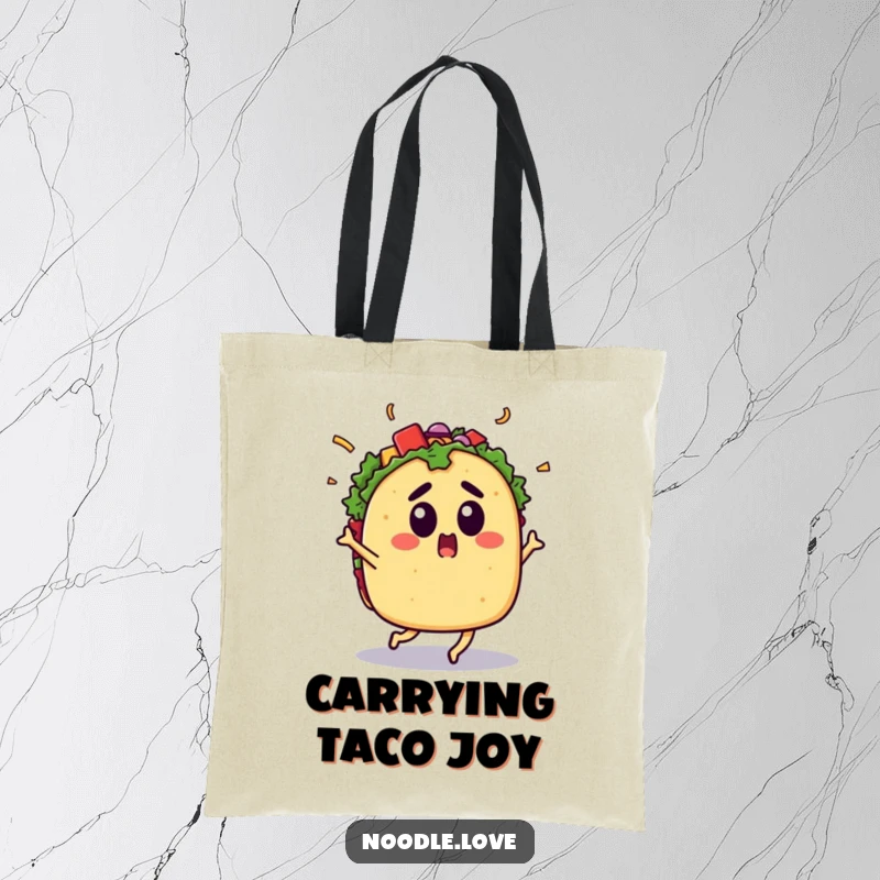 Funny Surprised Taco Tote Bag: A surprised taco dances with toppings flying, perfect for carrying fun and essentials with fiesta flair, a funny gift.