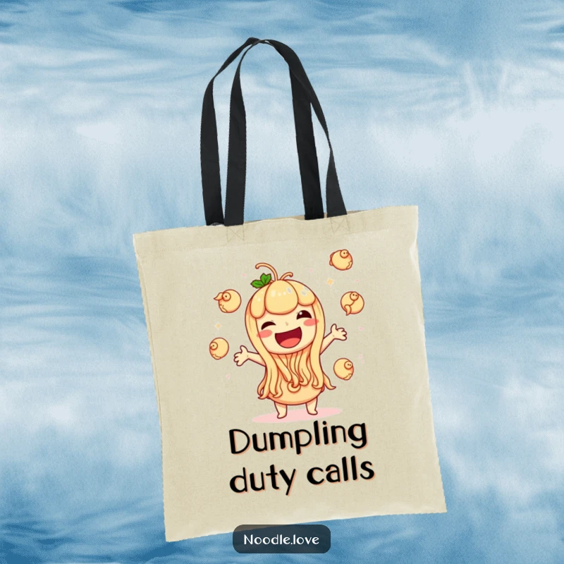 Funny tote bag showing a noodle character giggling with extreme glee while juggling tiny dumplings, perfect for carrying essentials with joy.