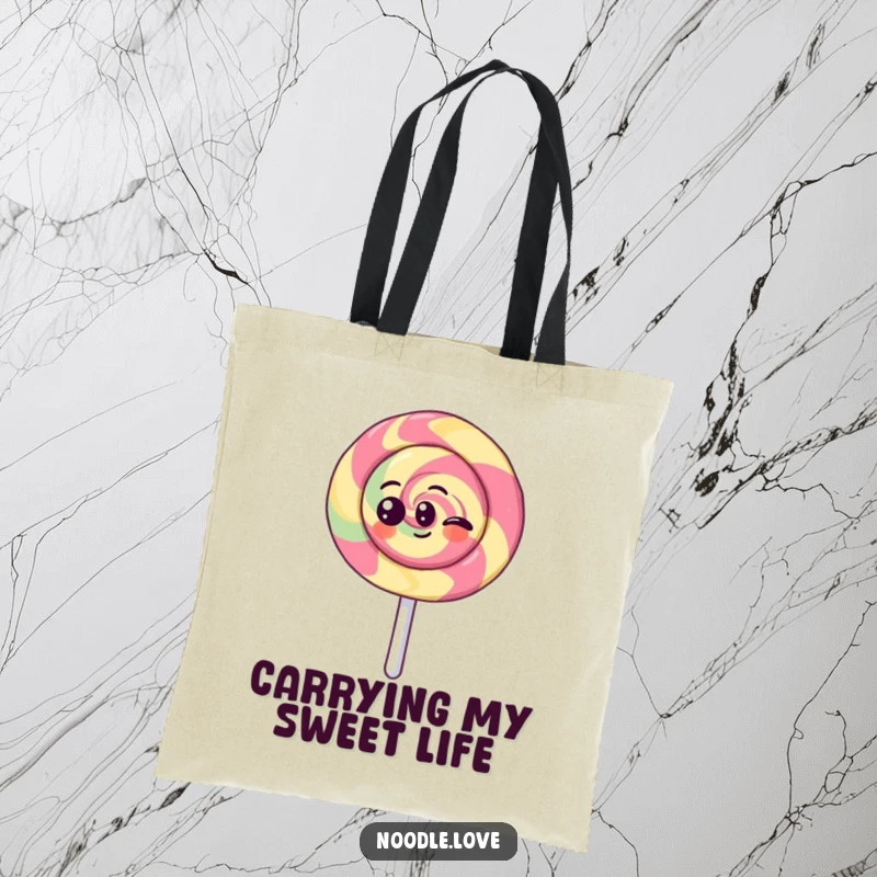 Funny Kawaii lollipop character spinning joyfully, on a stylish and humorous tote bag, perfect for carrying daily items.