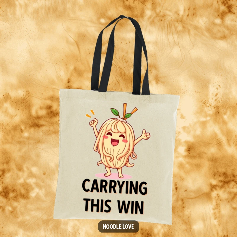 Funny Kawaii noodle character in a celebratory victory dance pose, showcased on a durable and stylish tote bag.