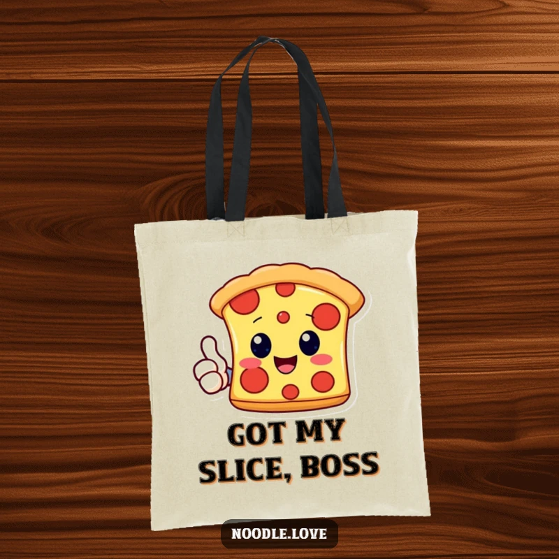 Funny Kawaii pizza slice character giving a thumbs up, on a stylish and humorous tote bag, perfect for carrying anything.