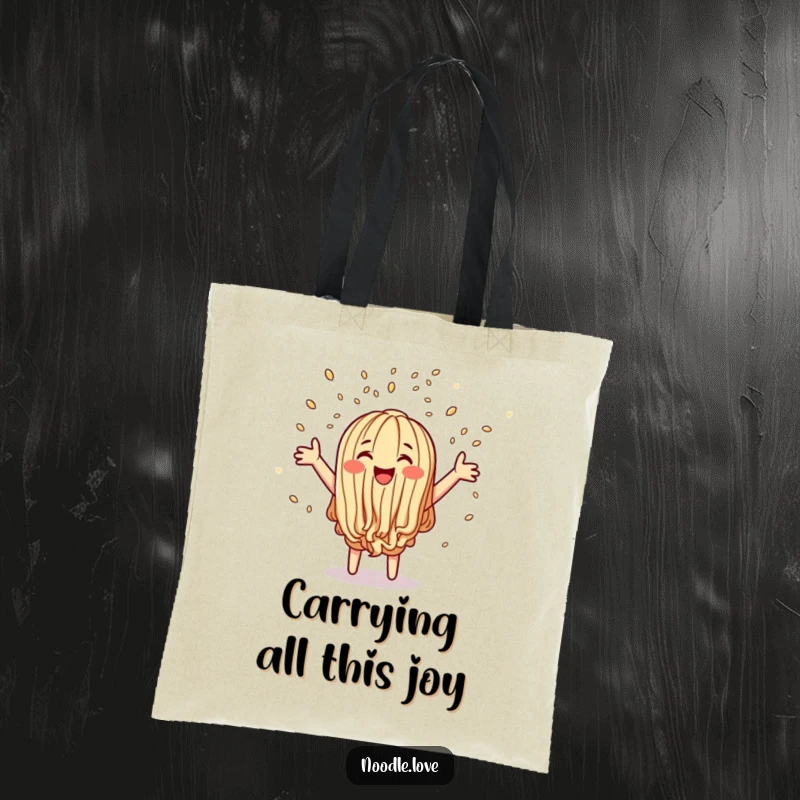Funny tote bag featuring a happy noodle character showering sesame seeds like confetti, perfect for stylish and humorous everyday use.