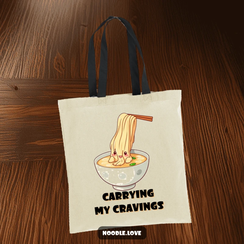 Funny Noodle Dive Tote Bag, showing a noodle character dramatically diving into a bowl of broth, perfect for carrying food-related items.